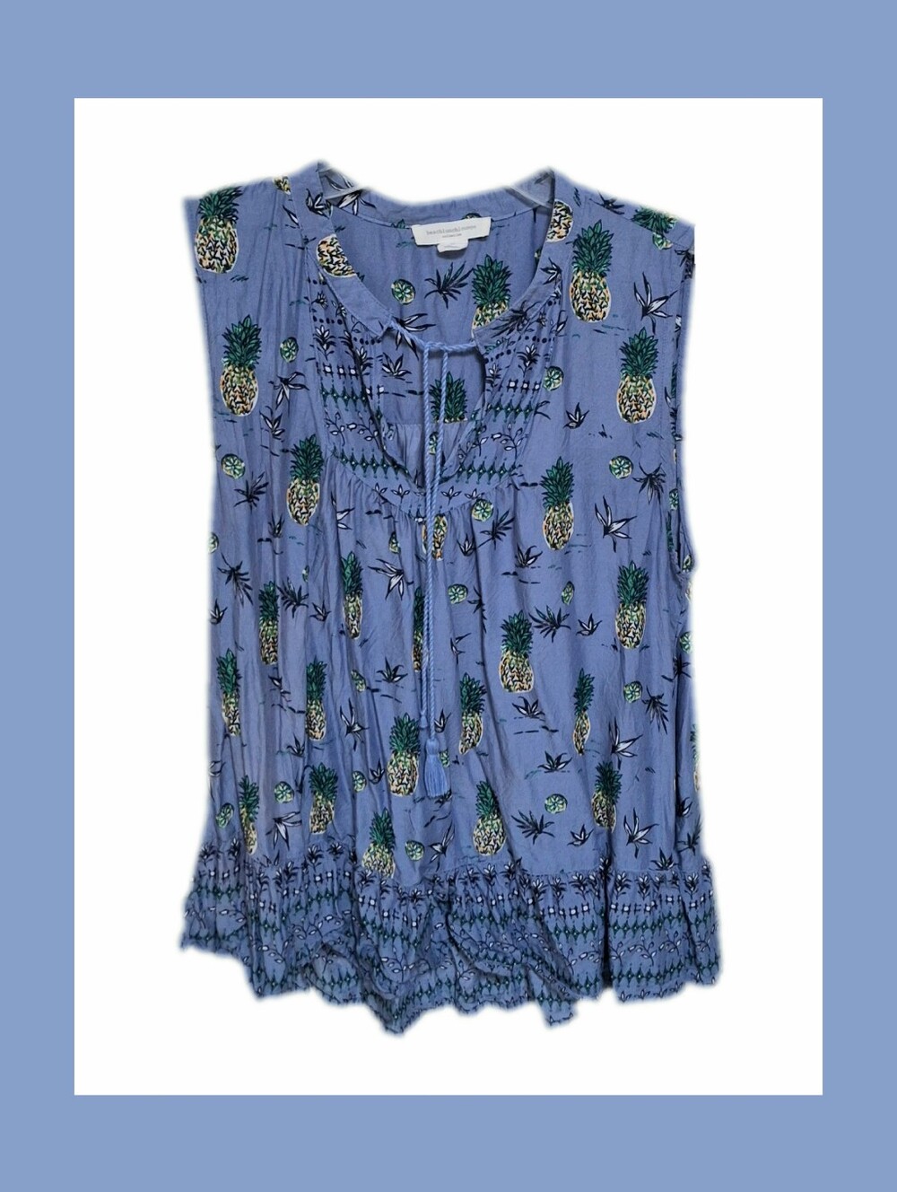 🍍 Pineapple Print Blue Peasant Top Sleeveless M